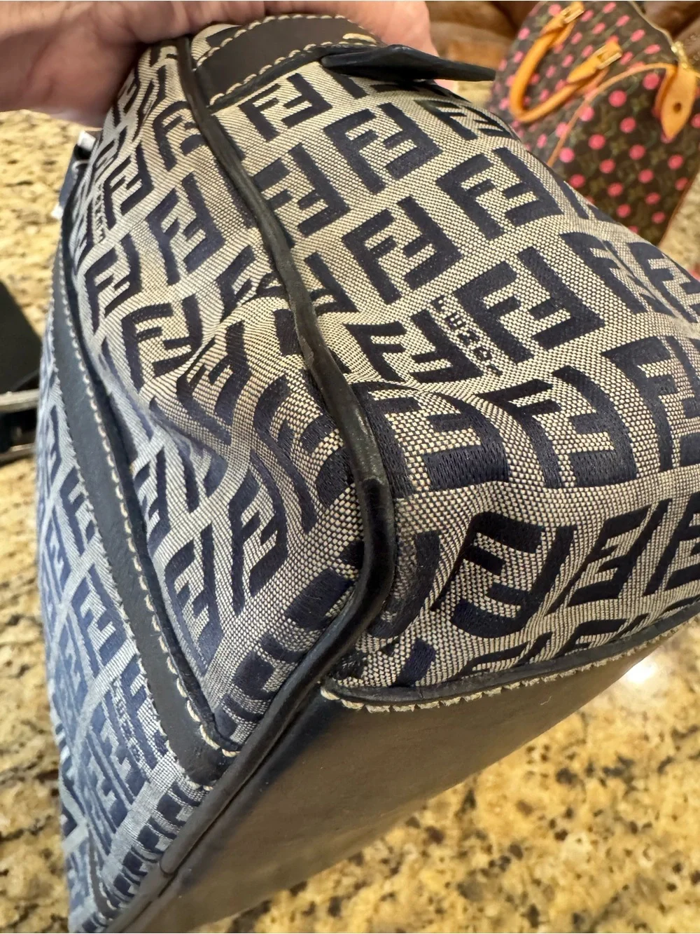 Fendi Blue/black FF Logo Canvas Boston bag